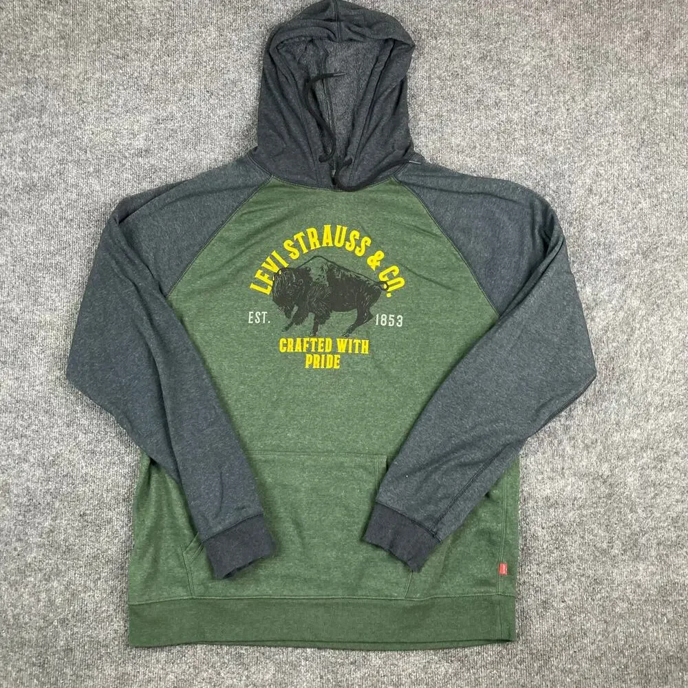 Levi's Hoodie Mens Size XXL Green Gray Buffalo‎ Graphic Pullover Sweatshirt